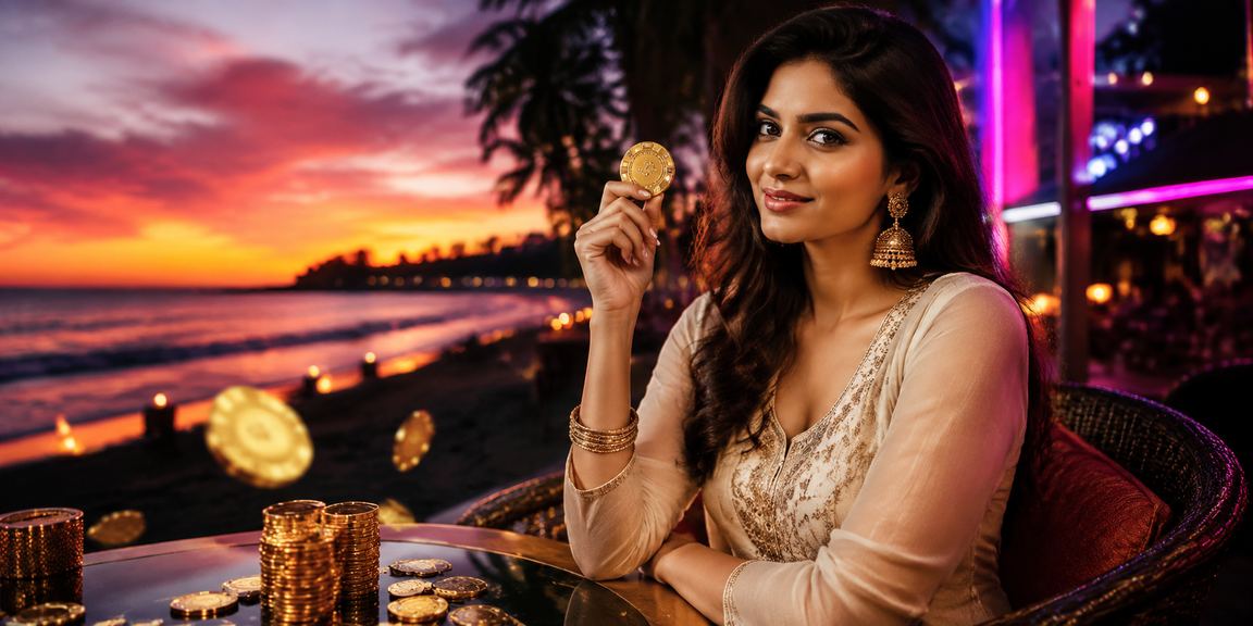 Young woman enjoying online betting on mobile at Goa beach
