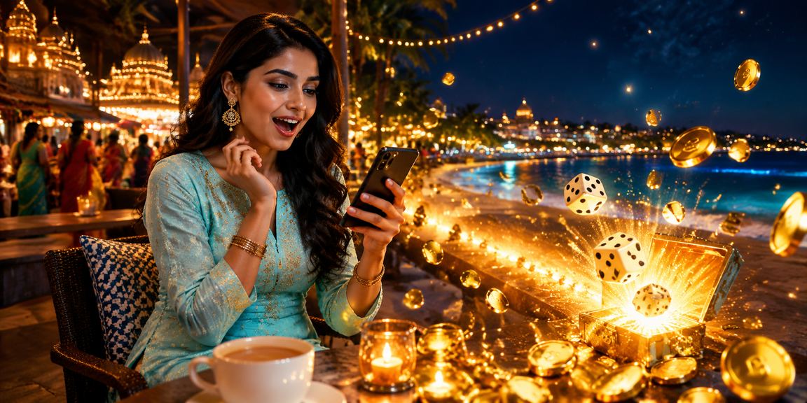 Player logging in on mobile device for dice game in Indian ethnic dress