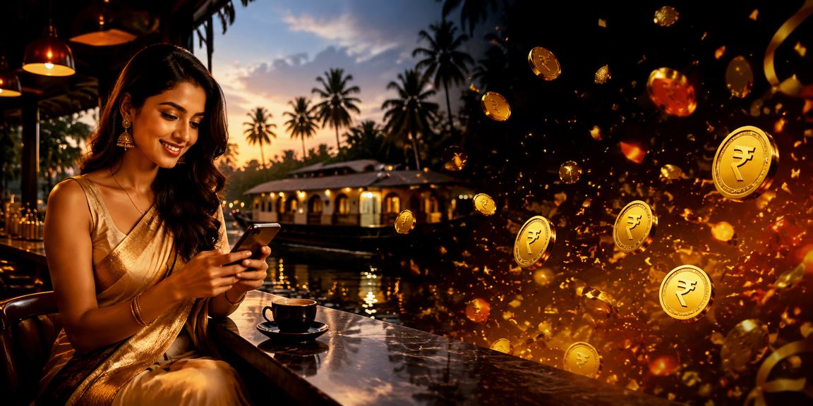 Indian man using a mobile device to place cricket bets by Kerala backwaters